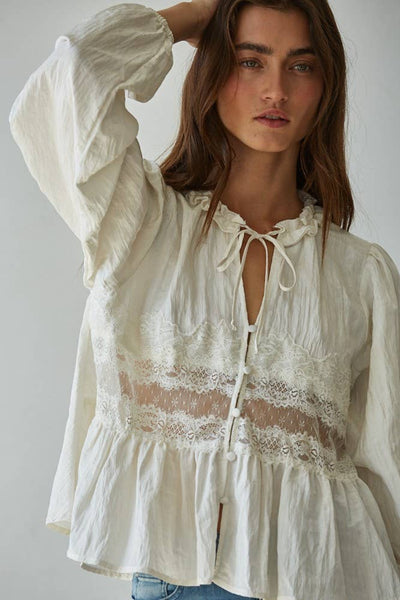 Woven Sheer Lace Detail Blouse