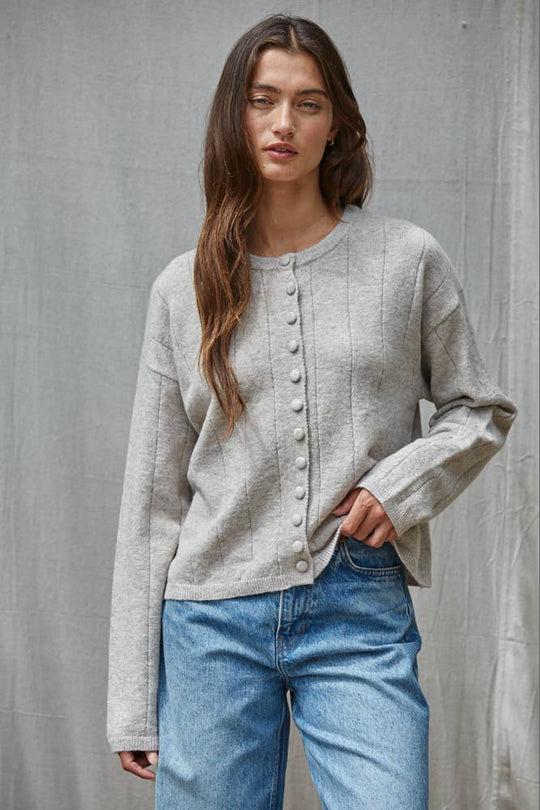 Button Down Long Sleeve Cardigan in Gray