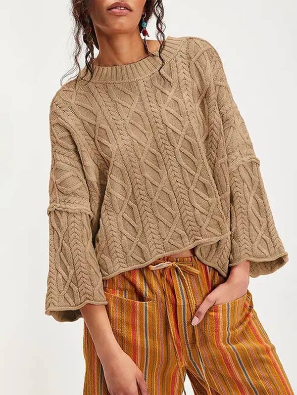 Cropped Cable Knit Sweater with Bell Sleeves