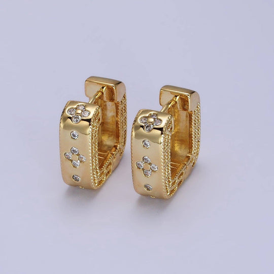 24K Gold Filled Square Huggies with Clear Quatrefoil Cubic Zirconia Inlay