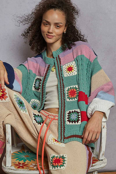 Balloon Sleeve Granny Square Open Cardigan