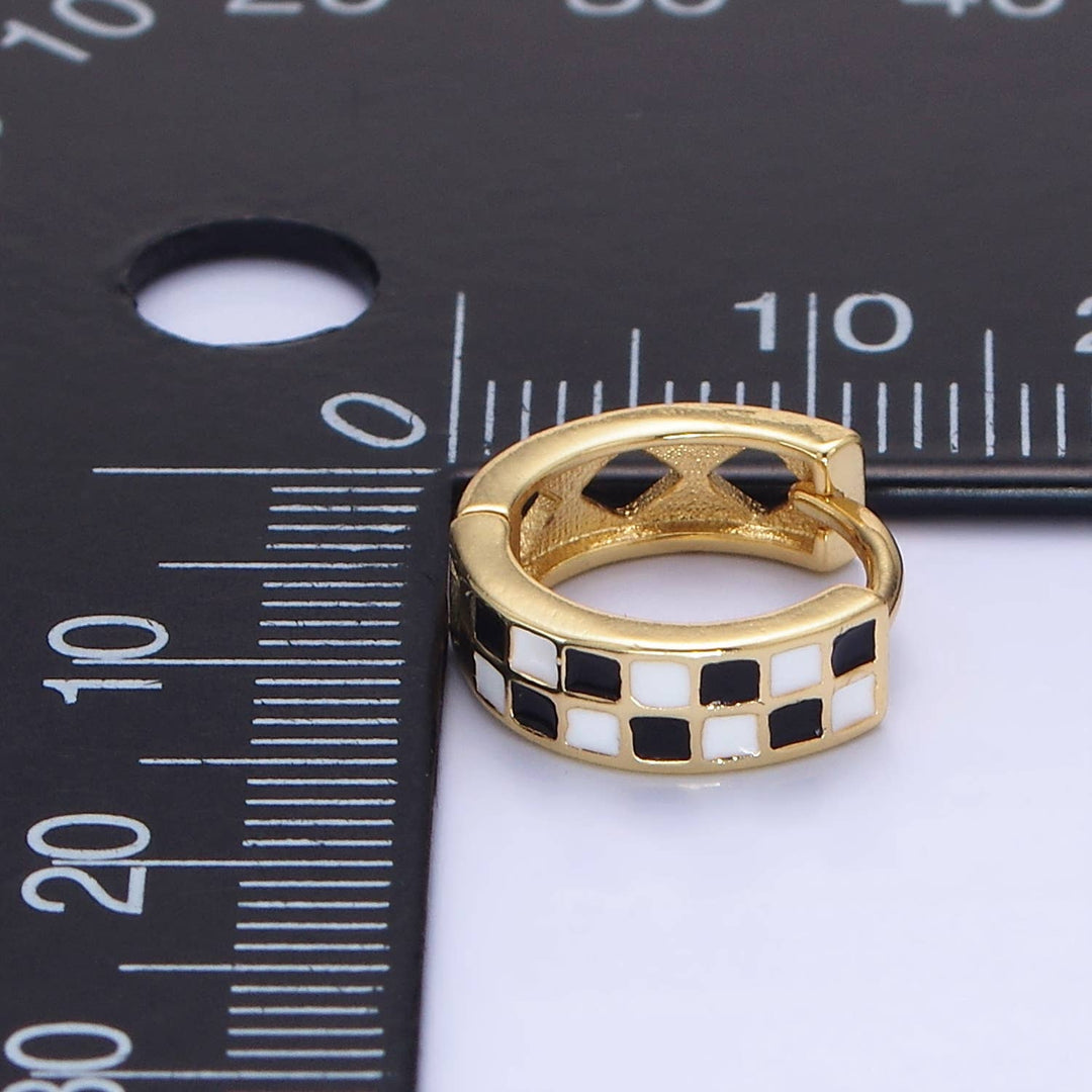 24K Gold Filled Checkered Enamel Huggie Earrings