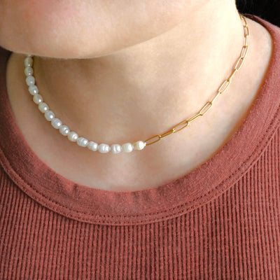 Pearl Toggle Necklace - Half Paperclip Half Pearl Necklace