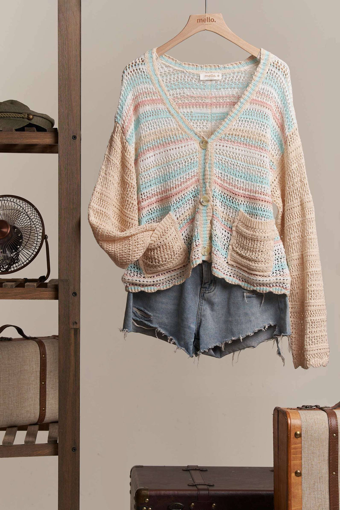 Button Down Multi Stripe Crochet Cardigan
