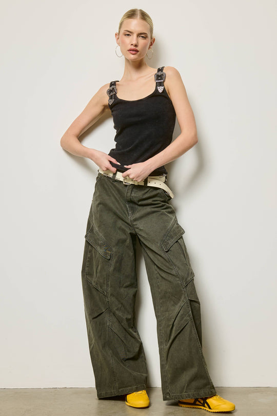 Wide Leg Twill Cargo Pants