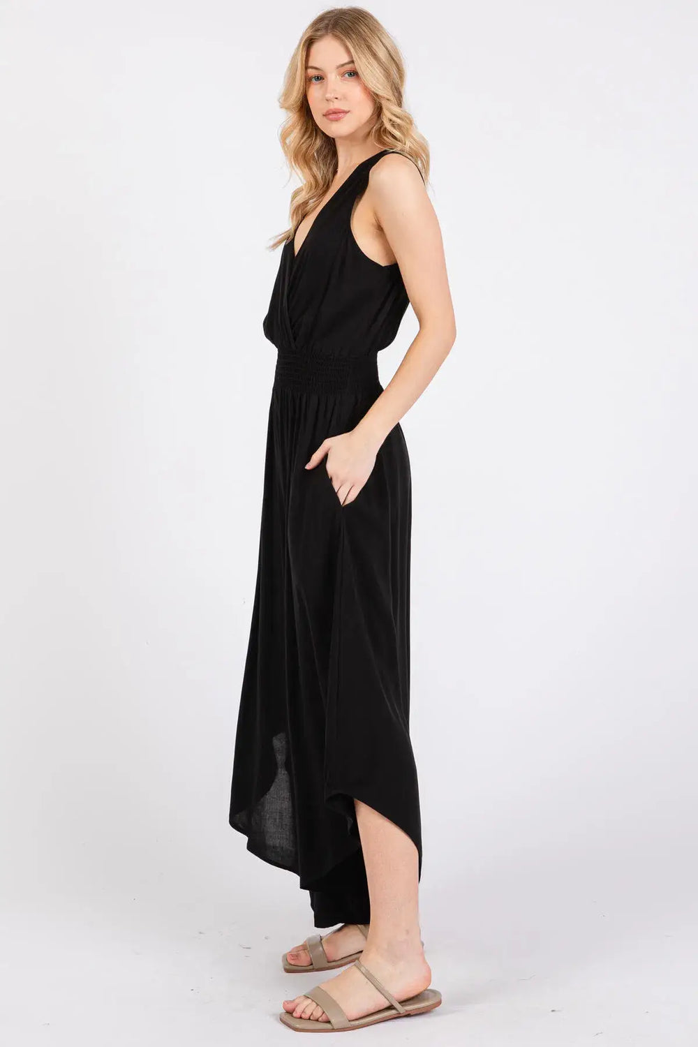 Black Smocked Waist Jumpsuit