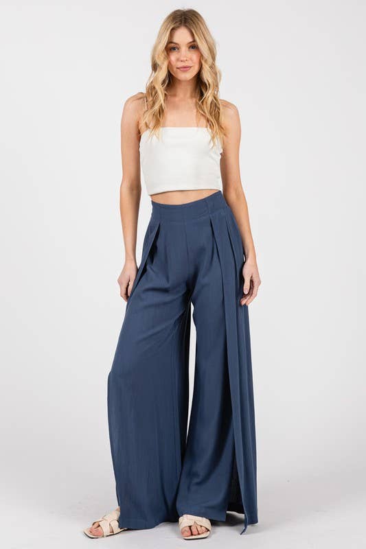 Solid Front Slit Wide Leg Pants