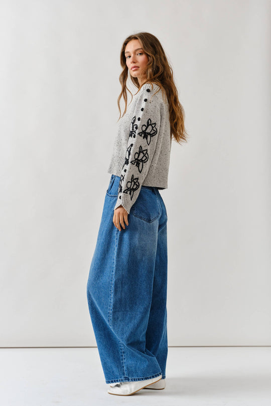 Floral Embroidered Sleeve Sweater with Pom Pom Detail