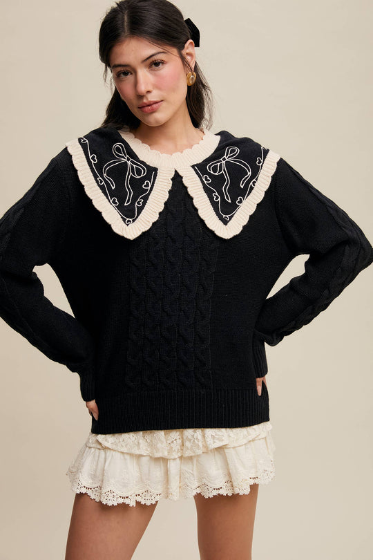 Bow Embroidered Cable Knit Sweater