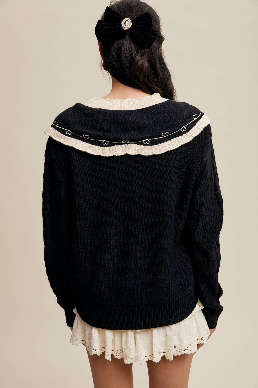 Bow Embroidered Cable Knit Sweater