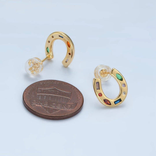 16K Gold Filled Multicolor CZ Horseshoe Stud Earrings
