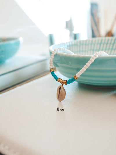 Blue and White Shell Beaded Bracelet with Cowrie Charm