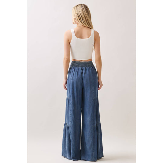 Denim Tencel Tiered Wide Leg Pants