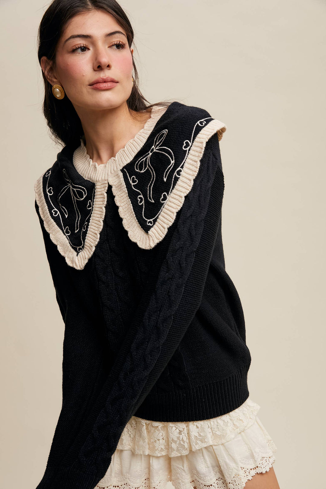 Bow Embroidered Cable Knit Sweater