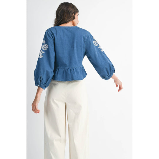 Denim Embroidered Cropped Peasant Blouse