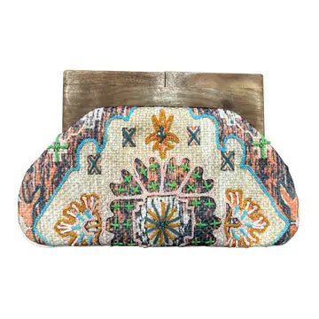 Tapestry Clutch Bag with Wood Handle