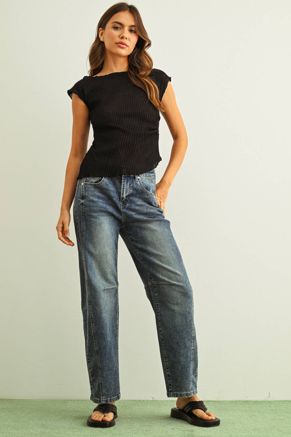 Crinkled Cap Sleeve Shirred Tee