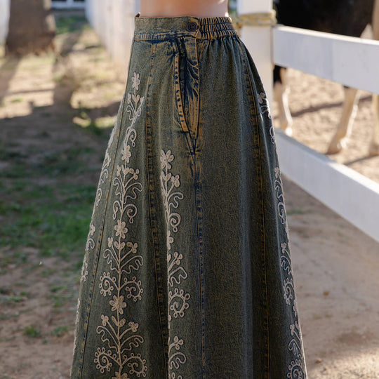 Artisan Floral Embroidered Denim Maxi Skirt