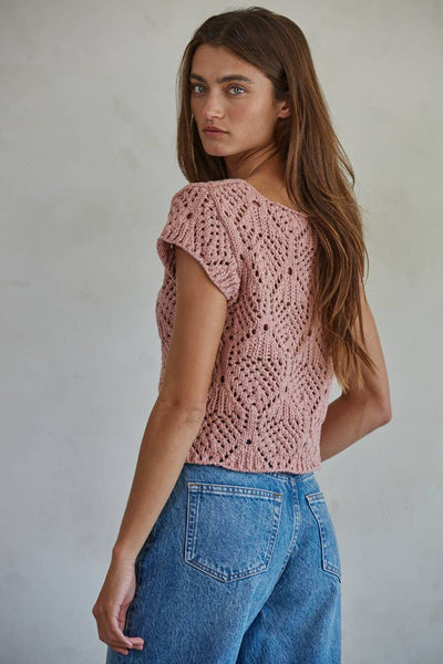 Crochet Knit Cotton V Neck Sweater
