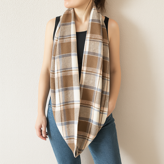 Brown Pink and Blue Plaid Infinity Scarf with Zipper Pocket