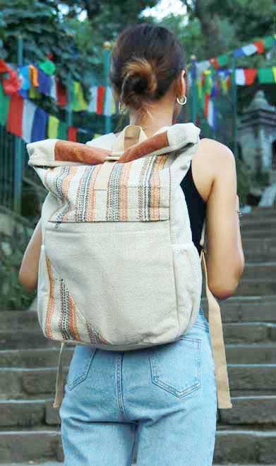 Brown Hemp Rucksack Bag with Fold on Top