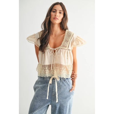 Lace Trimmed Tie Front Blouse