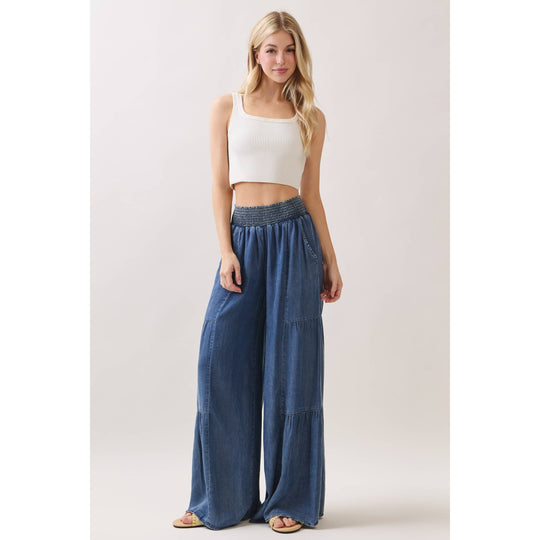Denim Tencel Tiered Wide Leg Pants