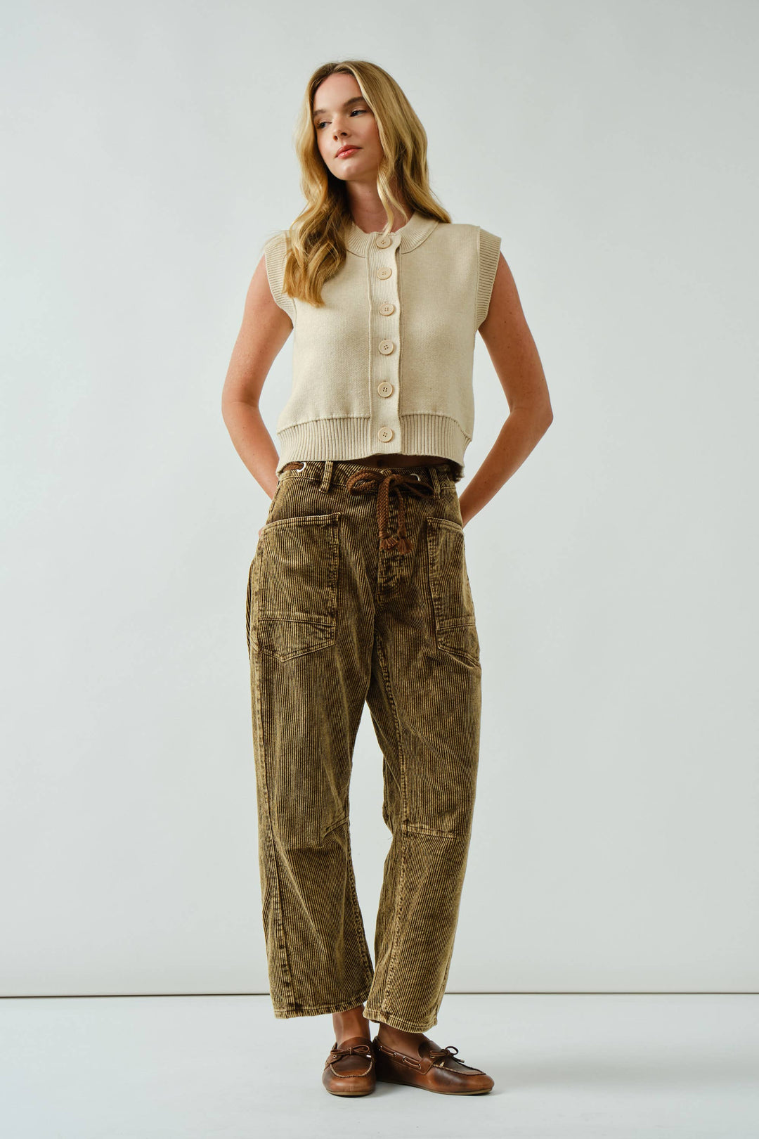 Barrel Corduroy Trousers with Braided Belt