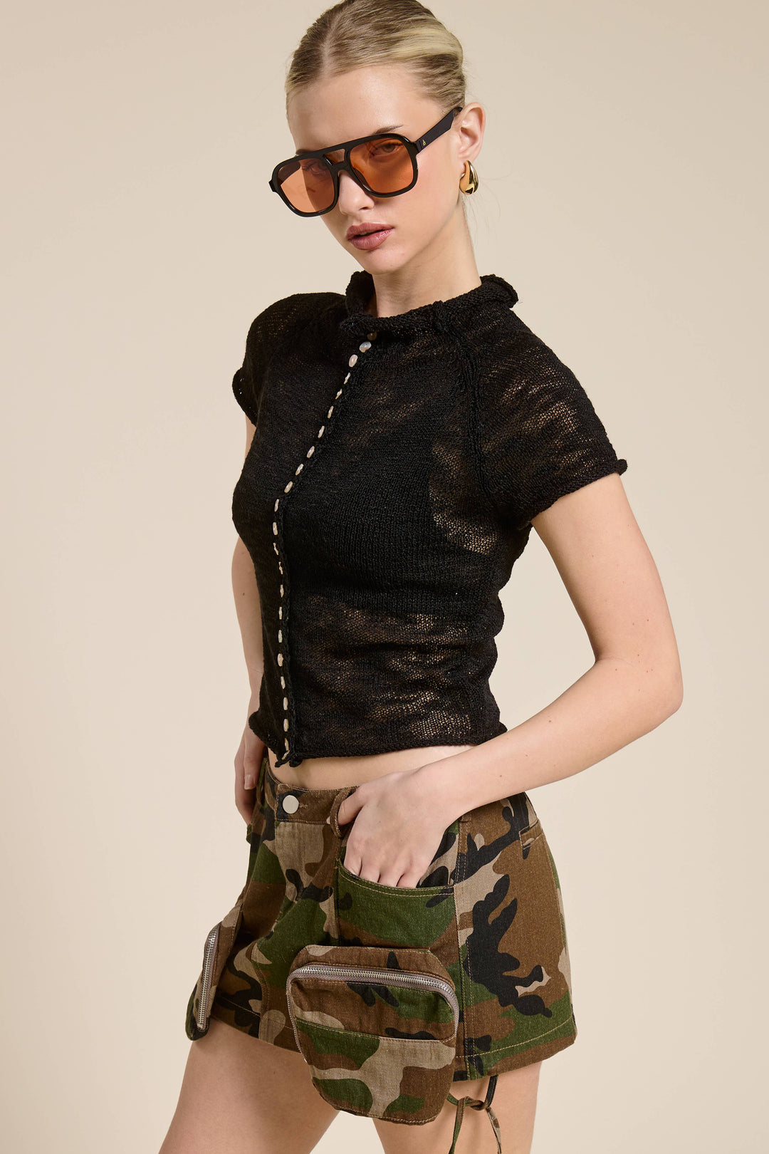 Sheer Knit Mock Neck Button Front Top