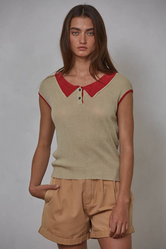 Lightweight Knit Linen Collar Neck Top