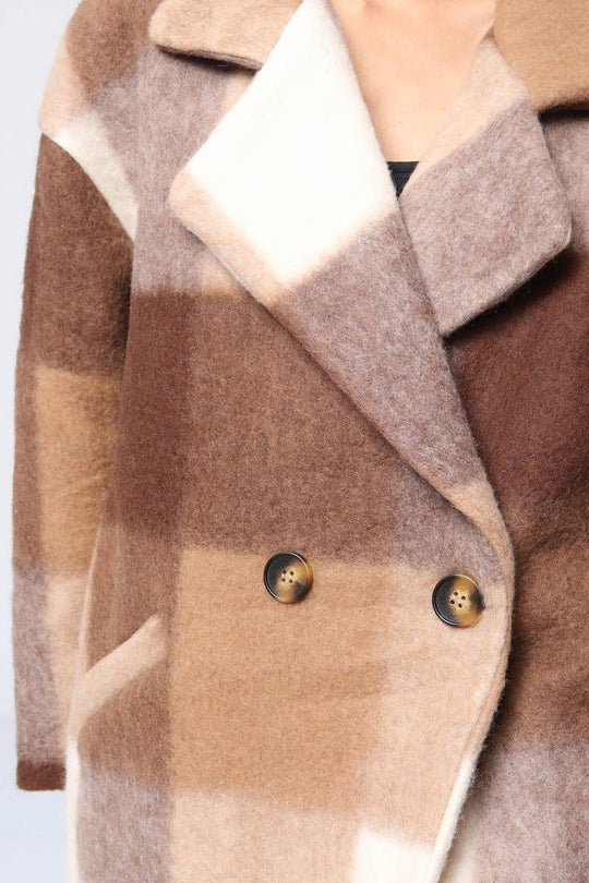 Camel Plaid Mid Length Pea Coat