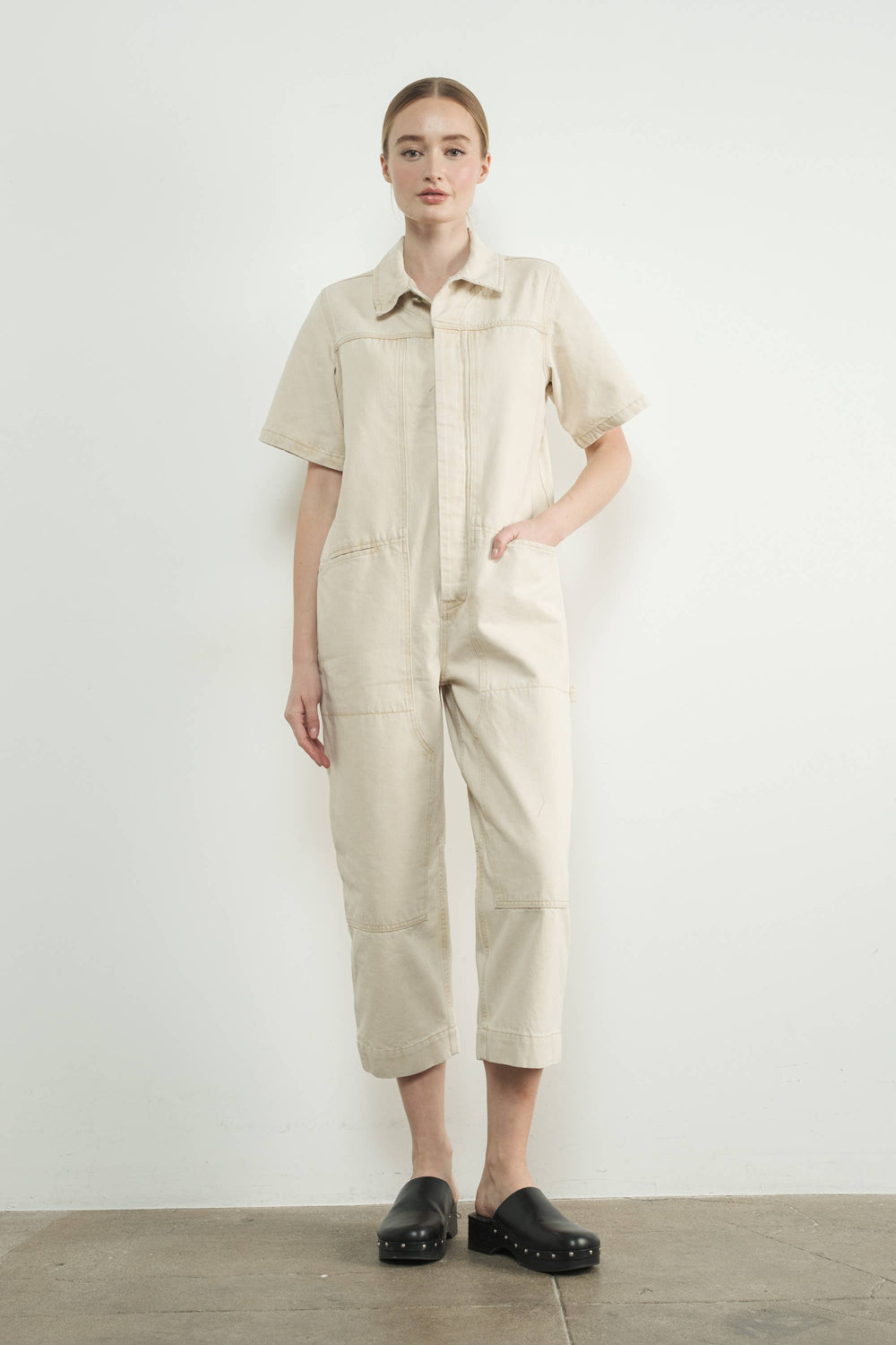 Denim Short Sleeve Collared Jumpsuit