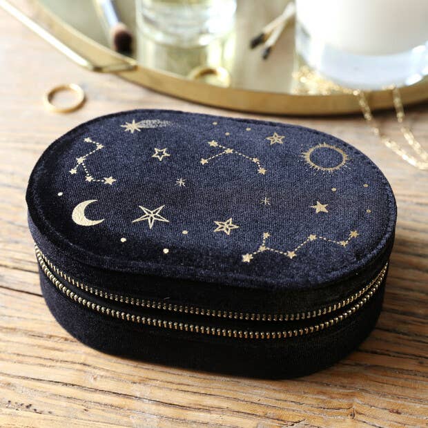 Starry Night Printed Velvet Jewelry Case in Black