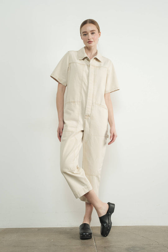Denim Short Sleeve Collared Jumpsuit