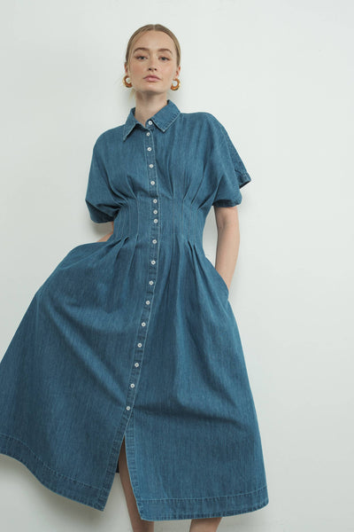 Denim Pleated Shirt Midi Dress