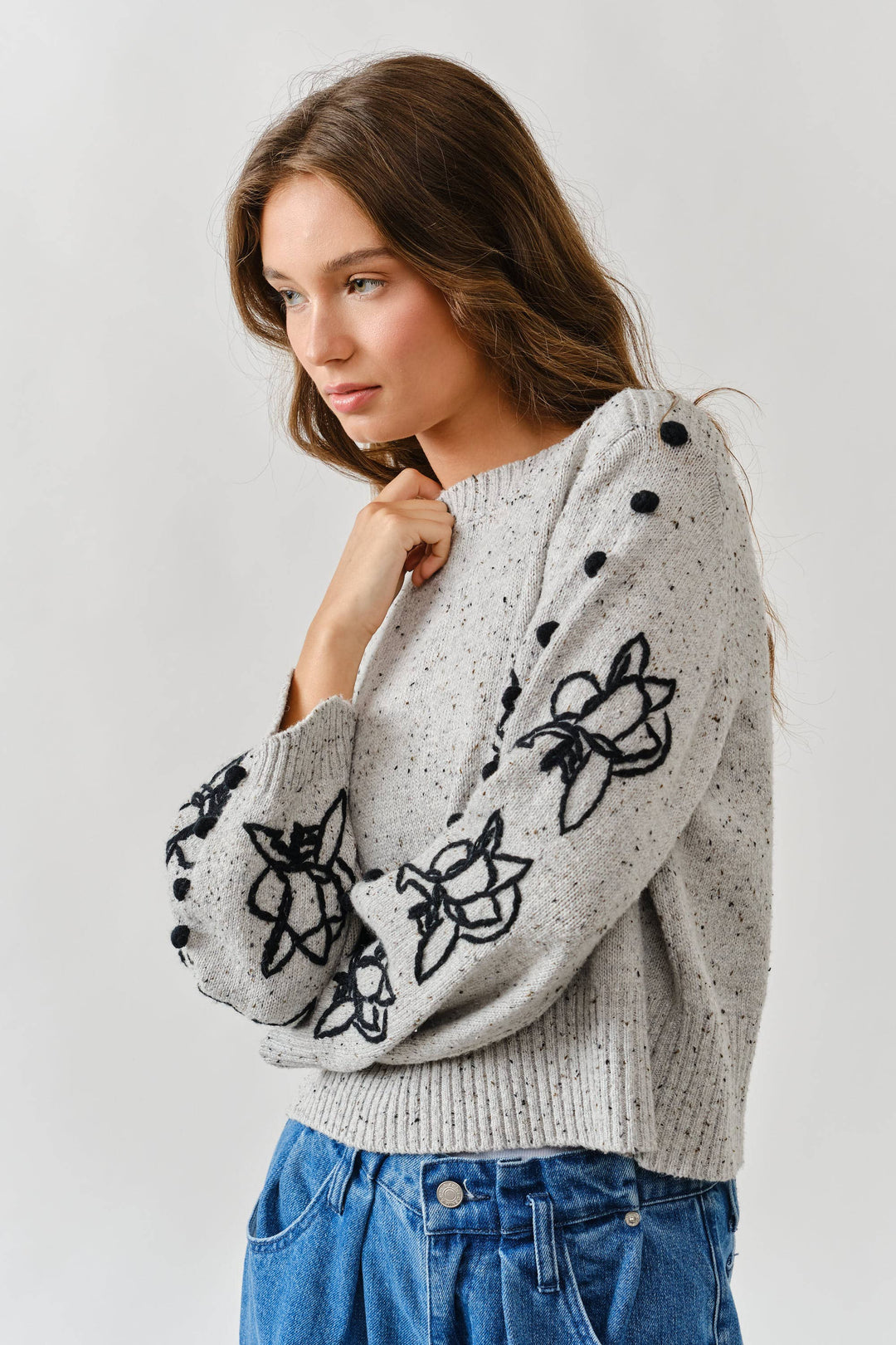 Floral Embroidered Sleeve Sweater with Pom Pom Detail