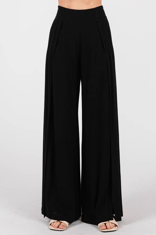 Solid Front Slit Wide Leg Pants