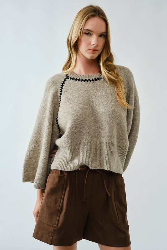 Relaxed Fit 3/4 Sleeve Pullover Sweater