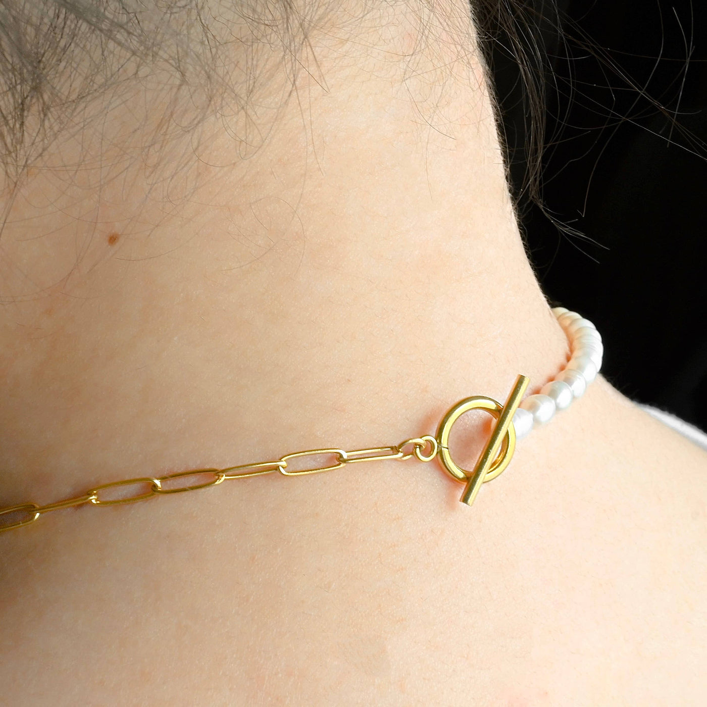 Pearl Toggle Necklace - Half Paperclip Half Pearl Necklace