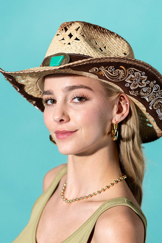 Vintage Western Hat With Embroidery Stone Band
