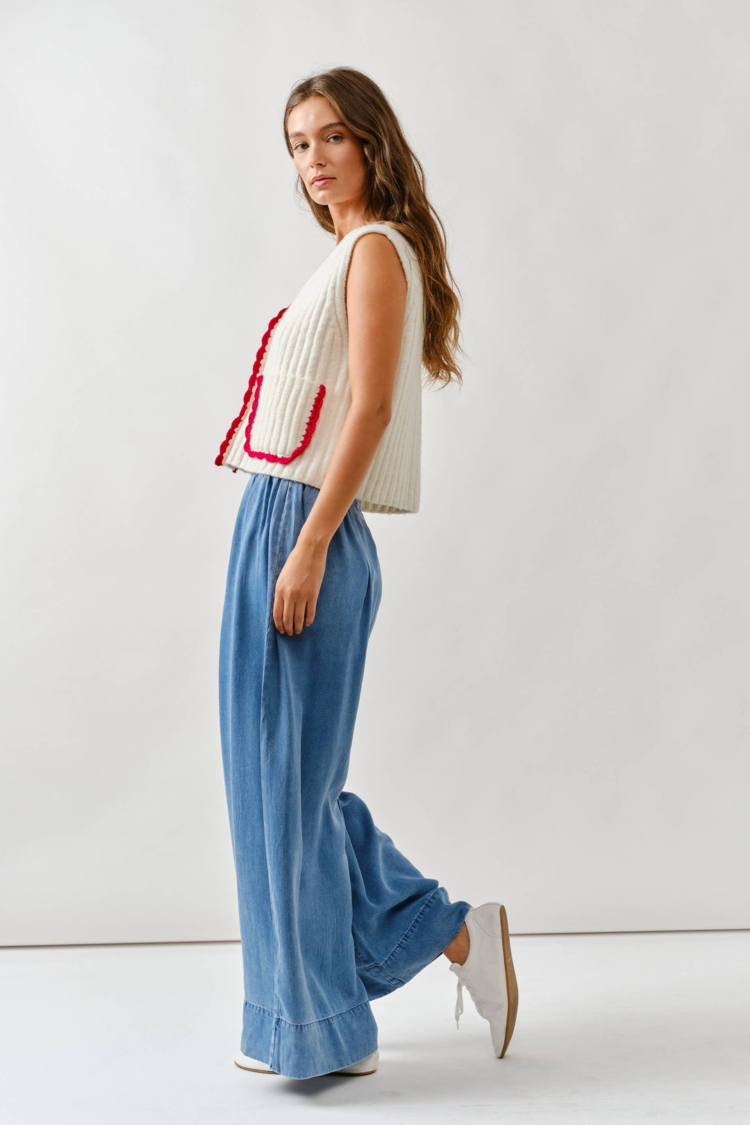 Smock Waist Soft Denim Wide Trousers