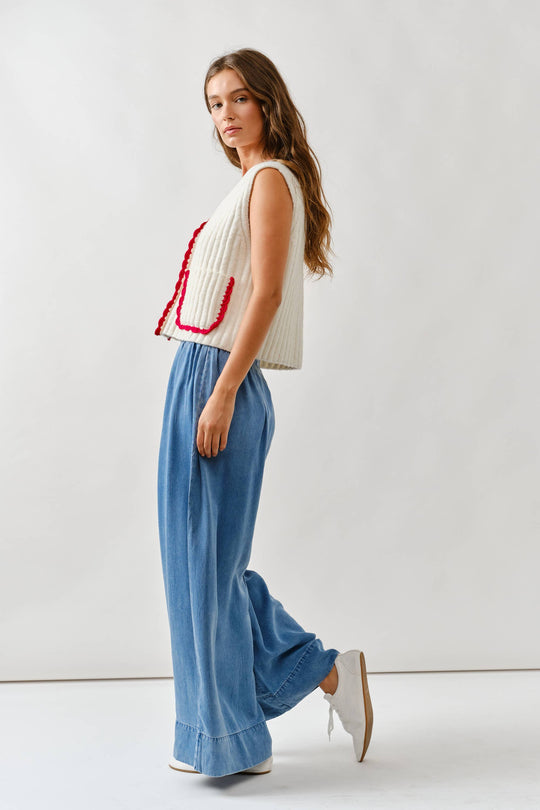 Smock Waist Soft Denim Wide Trousers