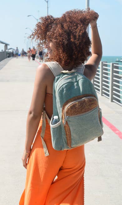 Hemp Cotton Backpack in Green and Light Brown