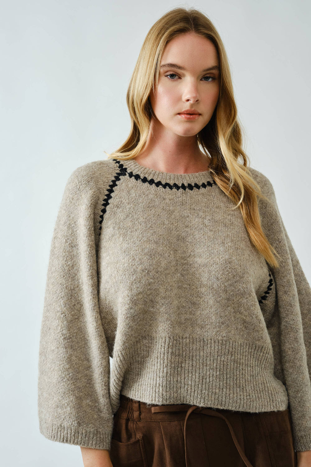 Relaxed Fit 3/4 Sleeve Pullover Sweater