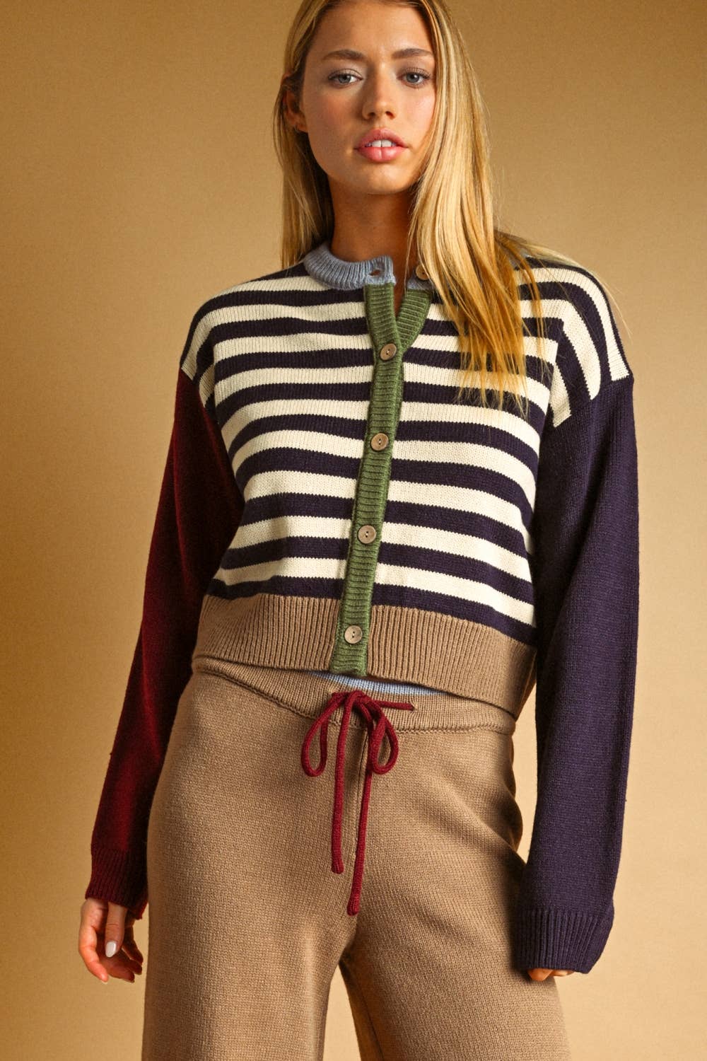 Stripe & Colorblock Button Cardigan