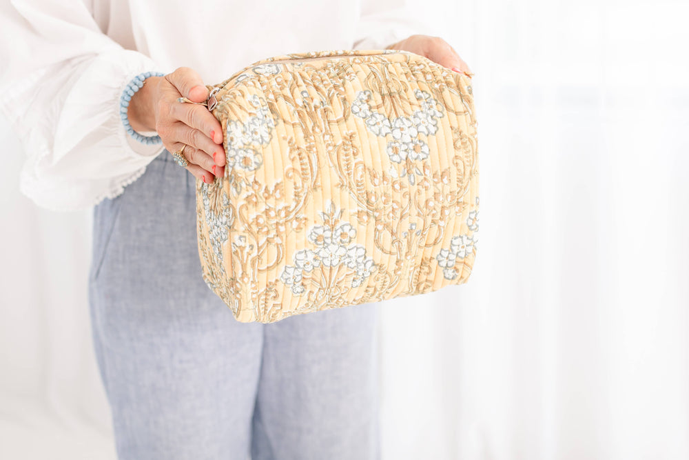 Quilted Block Print Trellis Cosmetic Pouch