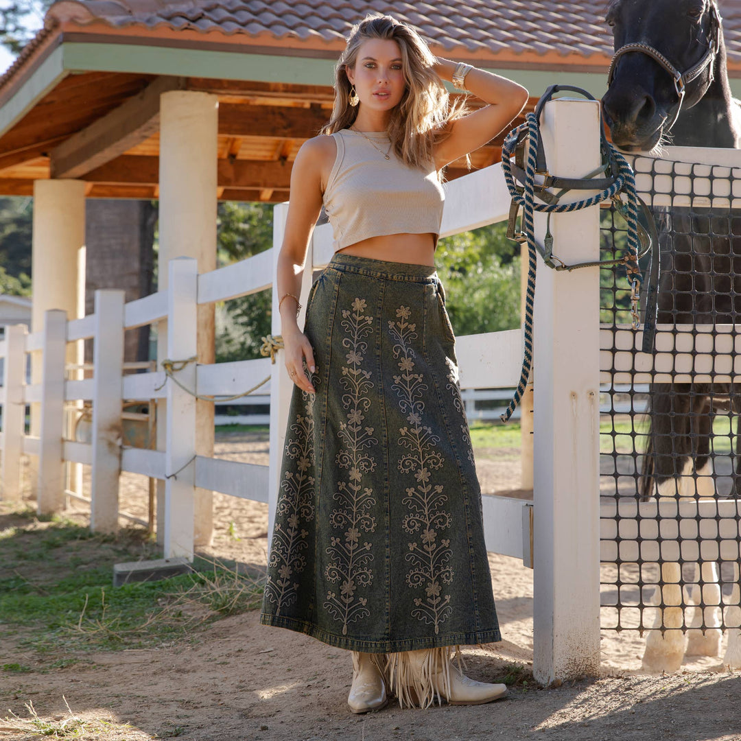 Artisan Floral Embroidered Denim Maxi Skirt