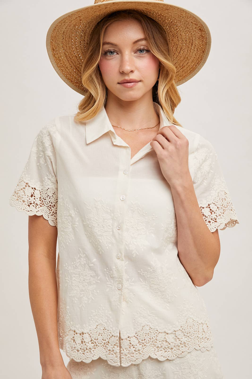 Embroidered Lace Trim Short Sleeve Button Down