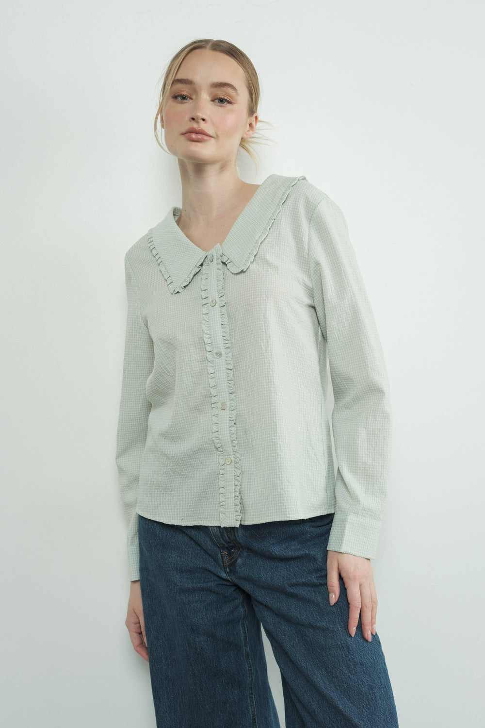 Checkered Button Up With Ruffle Edge Collar