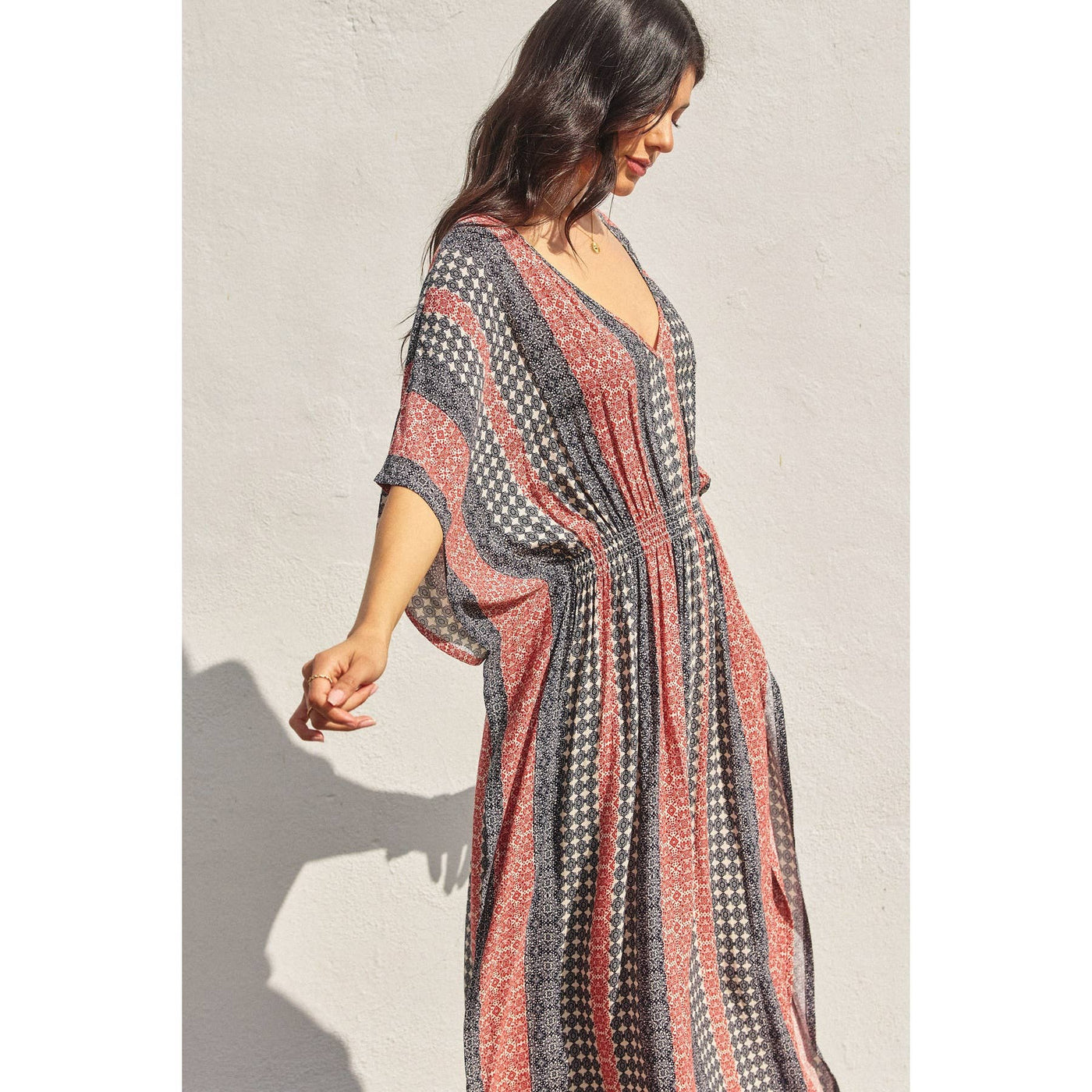 Border Print Cinch Kaftan Dress